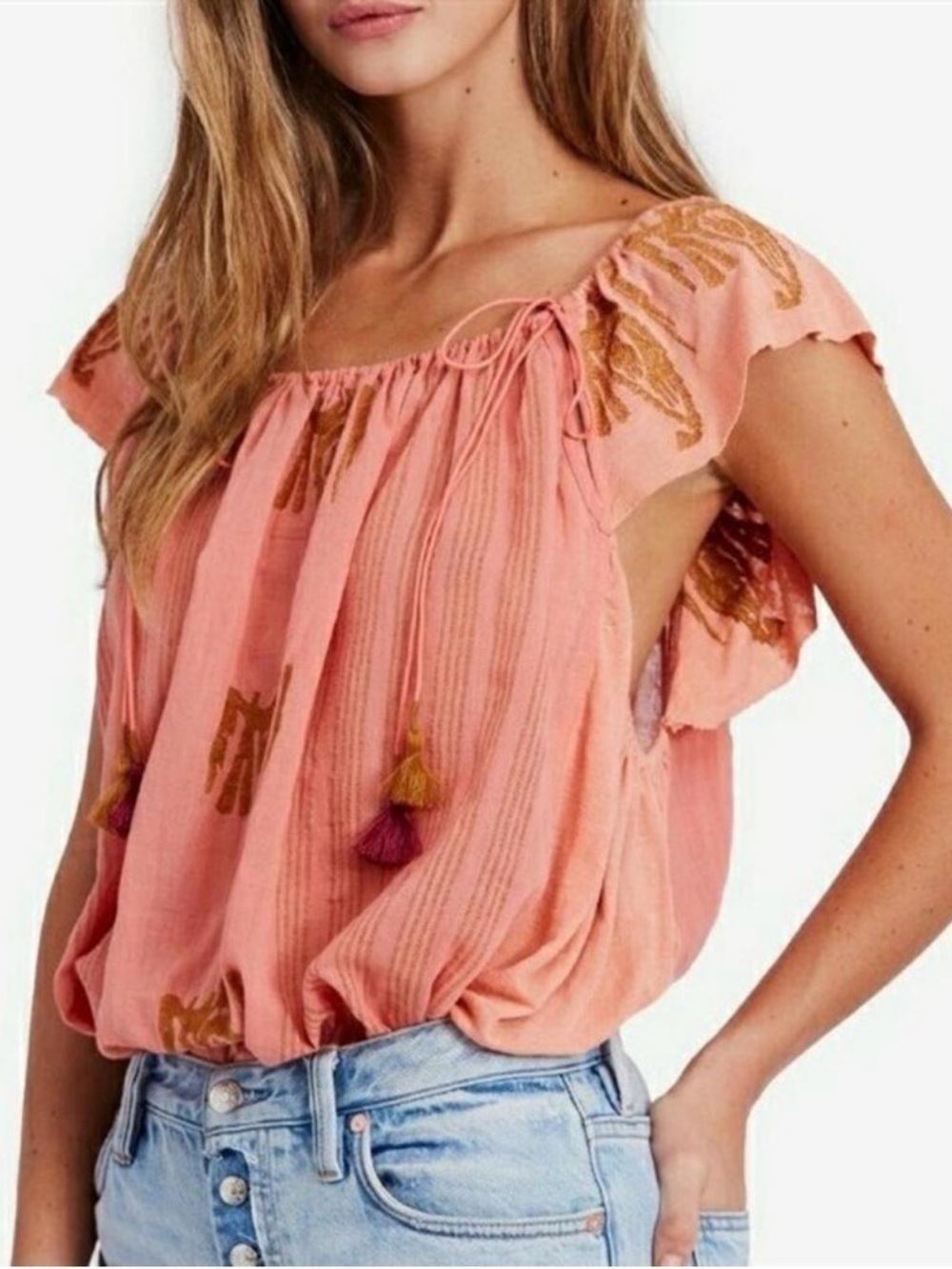 Free People Pukka Tassel Tee Coral Embroidered Bohemian Top Women’s Sz. XS